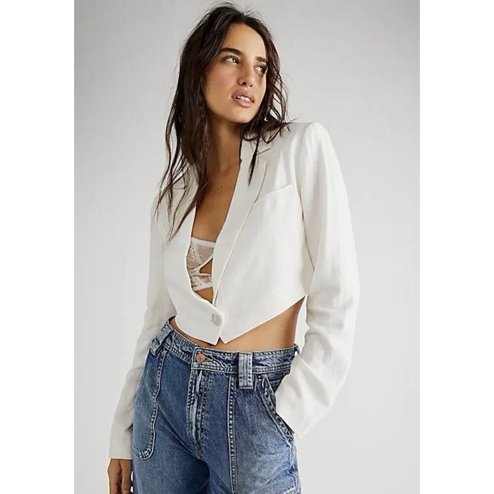 Free People Coco Cropped Blazer White Linen Blend One Button SZ. L- NWT $148.00